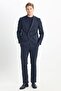 Slim Fit Slim Fit Swallow Collar Tie Waist with Cover Pocket Double Breasted Striped Navy Blue-White Suit Hand - 2