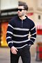 Navy Blue Zippered Polo Collar Striped Long Sleeve Sweater 7283