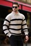 Beige Zippered Polo Collar Striped Long Sleeve Sweater 7283