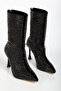 Suede Gray Stone Thin Heeled Women's Boots Black - 3