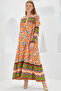 Women's Orange Green Patterned Long Viscose Dress 1947