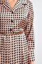 Beige-Navy Blue Shirt Collar Waist Belted Skirt Pleated Patterned Dress - 5