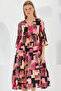 Women's Fuchsia Black Patterned Short Sleeve Viscose Dress 1959