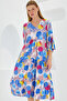 Women's Blue Red Patterned Short Sleeve Viscose Dress 1959