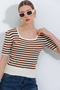 Women's Biscuit White Square Neck Striped Knitwear Blouse 15866 - 3