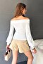 Women's Boat Neck Long Sleeve Cut Out Detailed Blouse White - 4