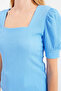 0409 Model Blue Knitted Square Neck Blouse - 4