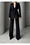 Shawl Collar Striped Patterned Jacket Trousers Set Black 9259-Tk - 2