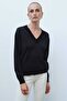 Black V-Neck Basic Knitwear Women's Sweater