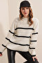 15804 Striped Oversize Turtleneck Sweater - White - 2