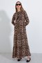 Brown Viscose Hijab Dress - Cream Neckline, Lace-Up, Boydana 1627 - 4