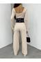 Beige Women's Long Sleeve Crop Blouse and Wide Leg Pants Set with Pockets - Pleated and Beli Band Detail - 7