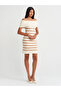 90232 Bardot Collar Striped Knitwear Dress-Cream-Beige
