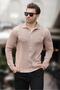 Beige Polo Collar Striped Button Detailed Men's Sweater 7281