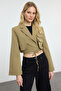 Açık Haki Crop Astarlı Kruvaze Dokuma Blazer Ceket TWOAW23BC00076