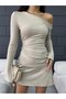 Women's Asymmetrical Collar Long Sleeve Deep Slit Mini Dress Beige - 2
