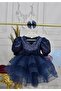 Navy Blue Sequined Fluffy Dress - Girl, Short Balloon Sleeve
