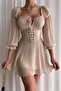 Oyuncakstore Special Design Leather Corseted U-Neck Three Quarter Chiffon Dress Imported - 2