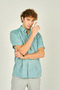 Mugi Men's Patterned Single Pocket Short Sleeve 100% Cotton Shirt 3024 Green - 2