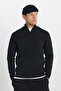 Men's Black Standard Fit Regular Cut Bato Stand Collar Knitwear Sweater - 3
