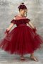 Girl's Burgundy Evening Dress with Transparent Collar, Open Shoulders, and Guipure Embroidery on the Chest and Sleeves