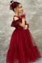 Girl's Burgundy Evening Dress with Transparent Collar, Open Shoulders, and Guipure Embroidery on the Chest and Sleeves - 2