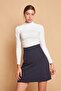 High Waist Light Lycra Fabric Knee Length A-Line Skirt-Navy Blue - 3