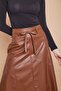 Ecological Faux Leather High Waist Pocketed Long Below-Knee Skirt-Taba - 5