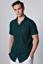 Men's Slim Fit Short Sleeve Knitted Fabric Green Lapel Collar Shirt