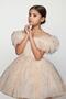 Girls' Drop-Shoulder Feather-Sleeved Sequin-Embellished Lined Beige Evening Dress - 2