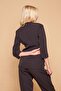 Collared Single Button Capri Sleeve Slit Slit Light Lycra Fabric Blazer Office Jacket - Black - 5