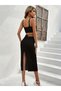Women's Strappy Crop Waist Detailed Deep Slit Skirt Knitwear Double Set - 3