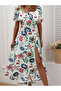 Women's Short Sleeve Square Neck Front Shirring and Lacing Side Slit Detailed Flower Patterned Single Jersey Dress - 2