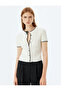 Short Sleeve Knitwear Cardigan Round Neck Color Contrast Detailed Bow Tie - 3