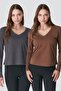 تي شيرت أساسي برقبة على شكل حرف V وأكمام طويلة، قطعتين، 954 لون دخاني/بني