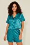 044 Women's Satin Crop Shirt Shorts Set Petrol