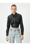 Long Sleeve Leather Look Crop Shirt - Corset Detailed, Buttoned Slim Fit - 3