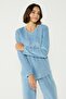 Velvet Crew Neck Long Sleeve Pocketed Pajama Set 403091 Blue - 2