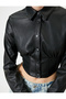 Long Sleeve Leather Look Crop Shirt - Corset Detailed, Buttoned Slim Fit - 5