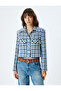 Crop Tweed Jacket with Shirt Collar and Pocket Detail, Buttoned - 3