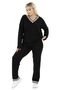 Women's Black Plus Size Collar Stripe Detailed Long Sleeve Elastic Waist V-Neck Tracksuit Set - 2