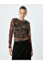 Tulle Blouse Leopard Patterned Long Sleeve Draped Slim Fit - 3
