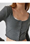 Long Sleeve T-Shirt Crop U Neck Buttoned Slim Fit - 5