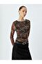 Tulle Blouse Leopard Patterned Long Sleeve Draped Slim Fit - 2