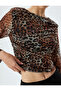 Tulle Blouse Leopard Patterned Long Sleeve Draped Slim Fit - 5