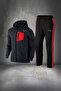 Battal Size Men's Black Special Supra Combed Cotton Front Pocket Detailed Hooded Tracksuit Set 4Xl-10Xl