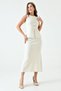 Flexible Knit Fabric Buttoned Sleeveless Vest and High Waist Midi Length Skirt Ecru Double Knit Set 5155 - 5