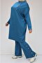 47054 Plus Size Low Sleeve Front Placket Trousers Set - Petrol - 4