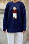 Navy Blue Süzene Bear Embroidered Crew Neck Women's Knitwear Sweater - 5
