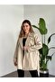 Women's Beige Medium Length Belted Leather Trench Coat 2377 - 2